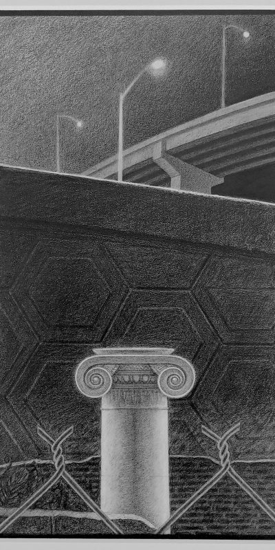 Black and white art of highway ramps at night