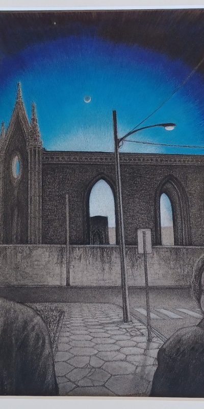 Art of cathedral missing walls with people walking by and a moon in the sky
