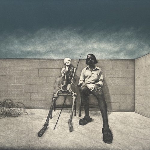 Portrait painting of man sitting next to a skeleton seated in foldable chair