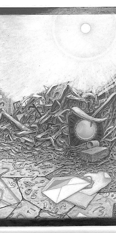 Black and white art of road debris with cone