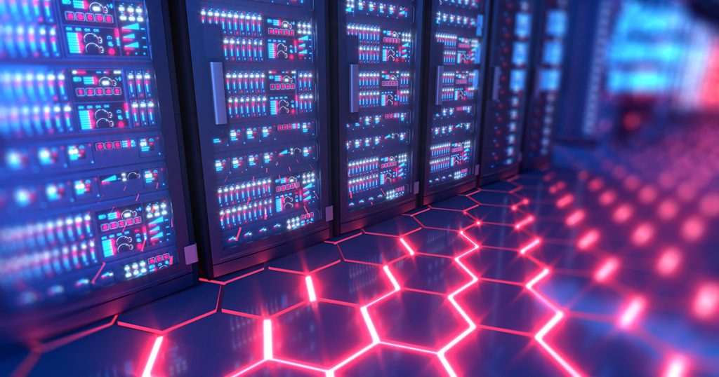 A digitally generated image of a futuristic AI server room.
