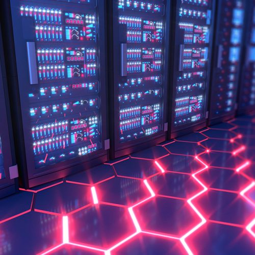 A digitally generated image of a futuristic AI server room.