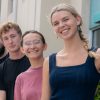 Logan Dudney '24, Zach Loreant '25, Nicole Szelistowski '24 and Sarah Campbell '23 pose in front of the USF marine science building.