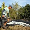Young man in boots and shorts and cap lays out a black tarp on the ground