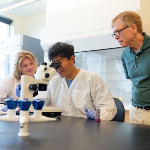 Allen Chen, in a white lab coat, looks into a microscope as a classmate and a professor look on.