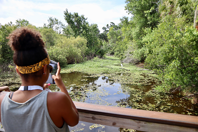 Student standing on bridge taking photo of watery preserve