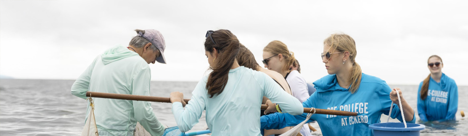 Students and professor looking at what they caught in handheld nets while standing in the ocean