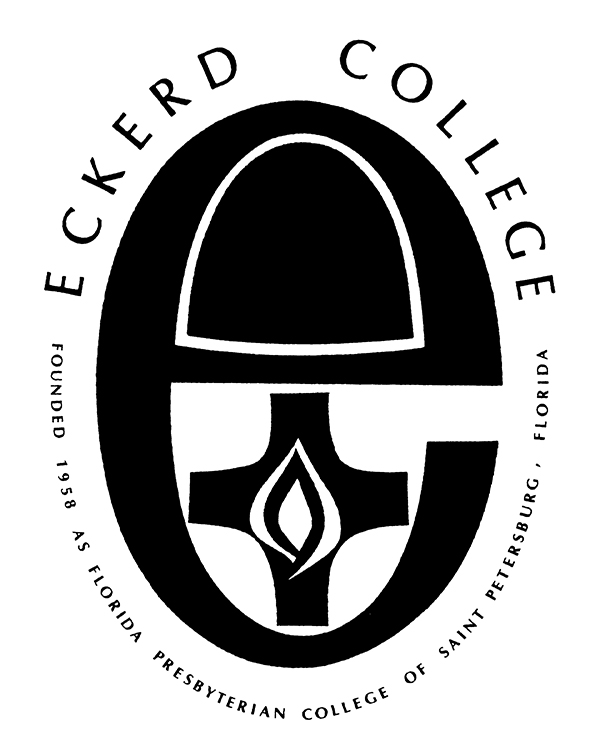 Logo of an egg-shaped letter "e" with a cross and flame on it and the words "Eckerd College"