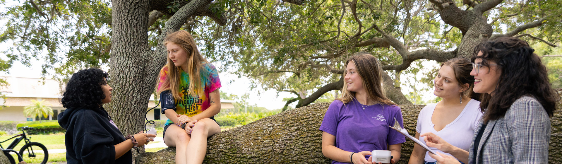 Psychology students and professor conduct simple experiment outside under a large tree