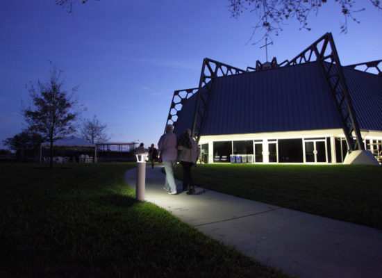 Attendees arriving at the chapel