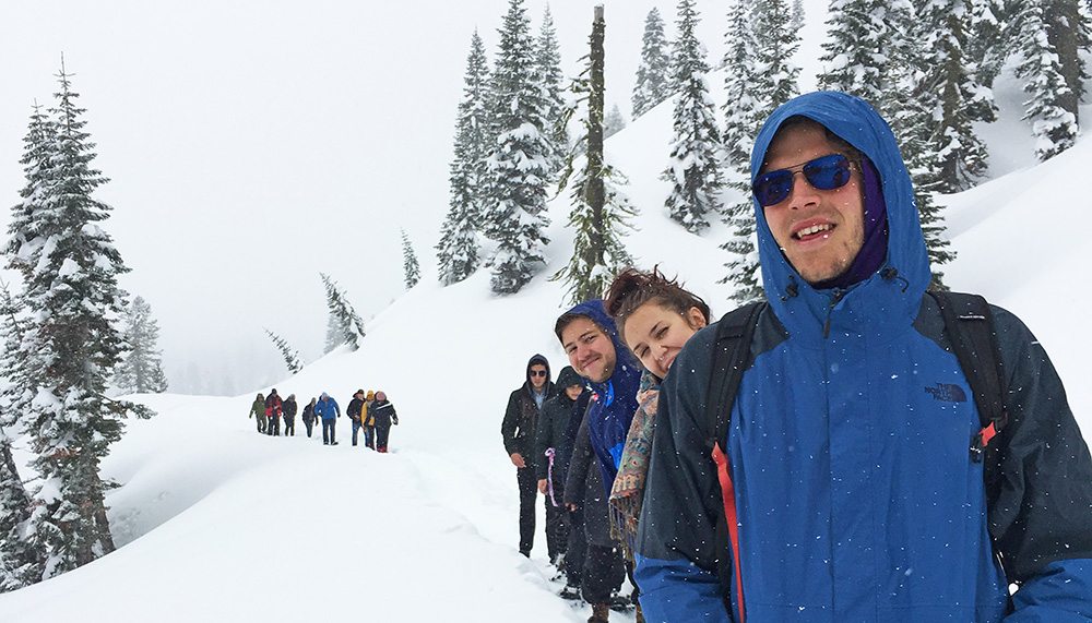 Students hiking in mountains of California