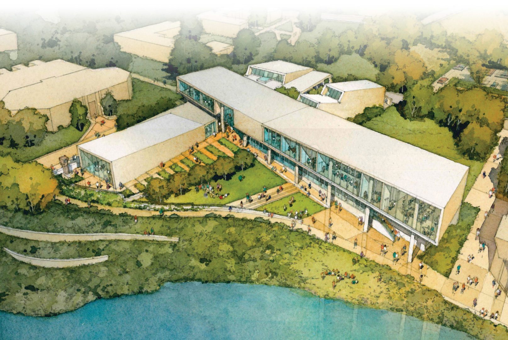 Rendering of new Visual Arts building showing its unique layout and waterfront location in Florida
