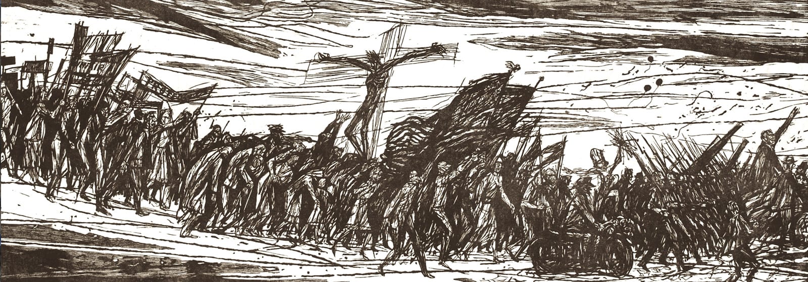 March of people including figure on a cross