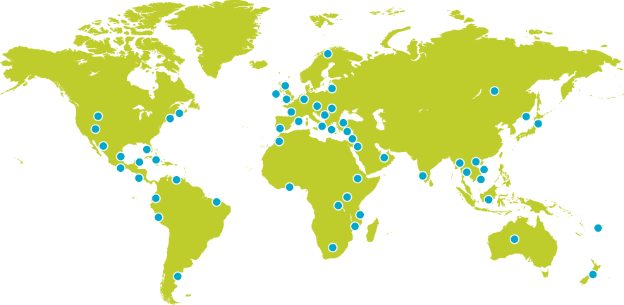 Green world map with blue dots indicating where our students have studied abroad