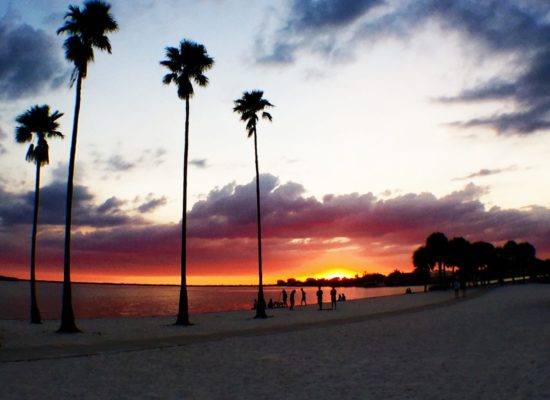 Students silhouetted by sunset