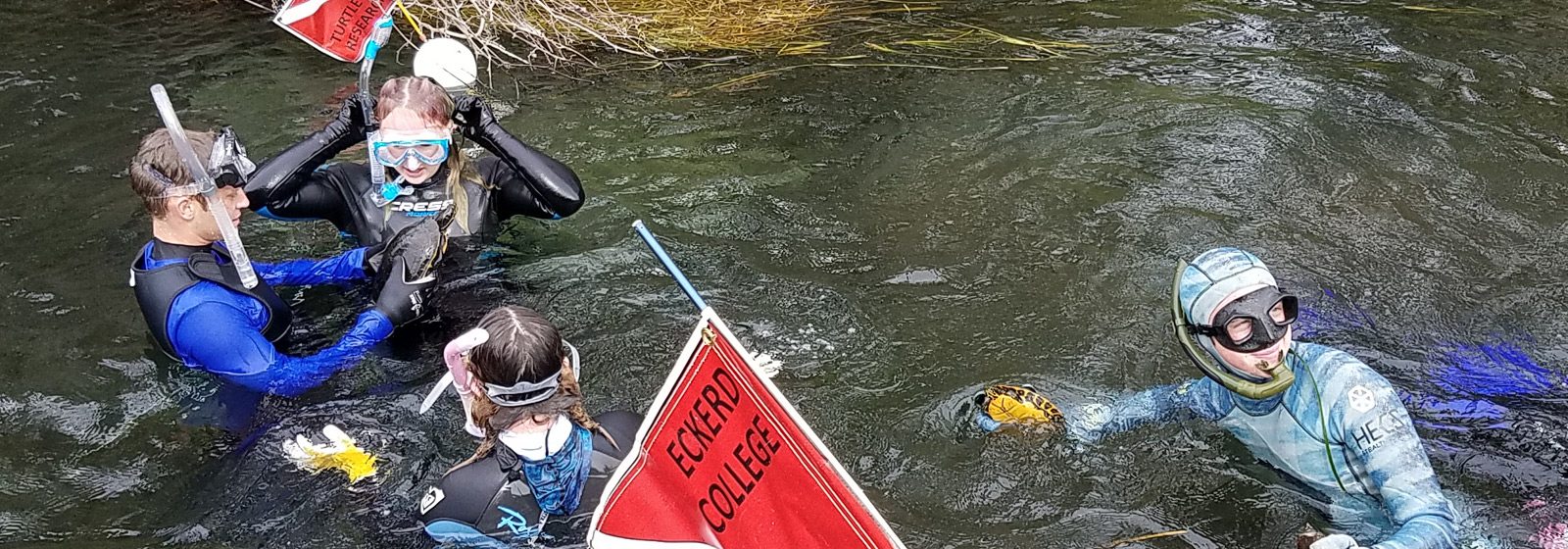 Students in river collecting turtles