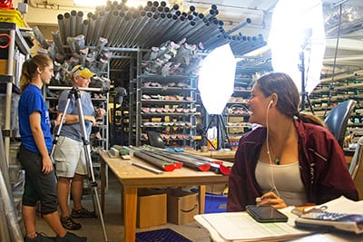 Marine science students studying core samples
