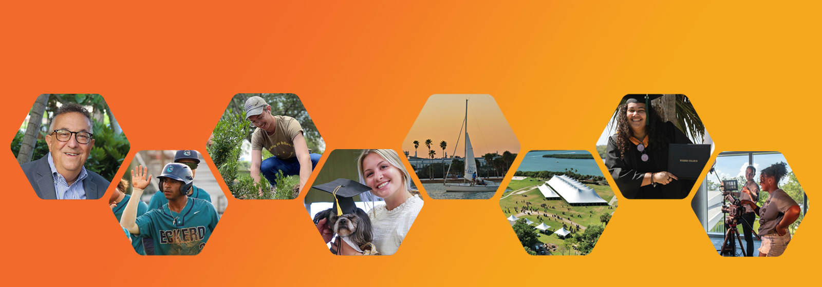 Eckerd College students playing baseball, planting native shrubs, holding graduating pets, graduating, using film equipment