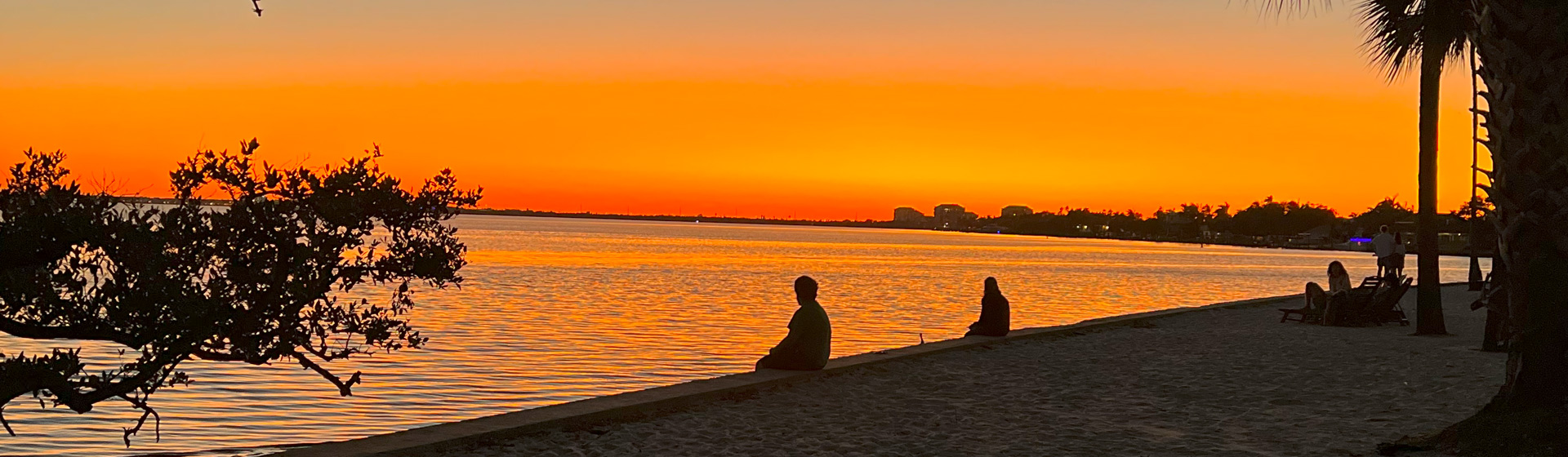 Silhouette of students sitting on a seawall looking at a very orange sunset over the bay