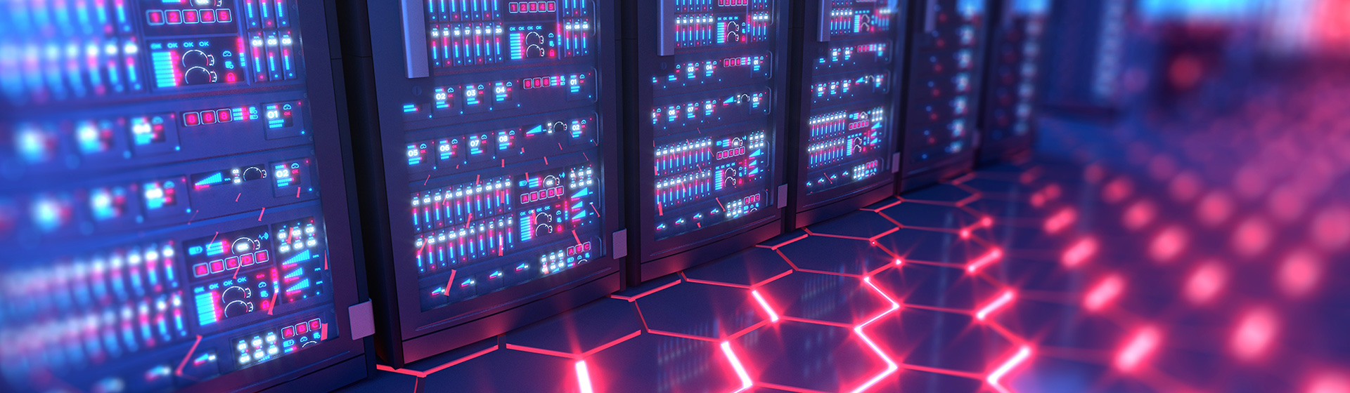 A wall of servers lit up with purple and blue colors