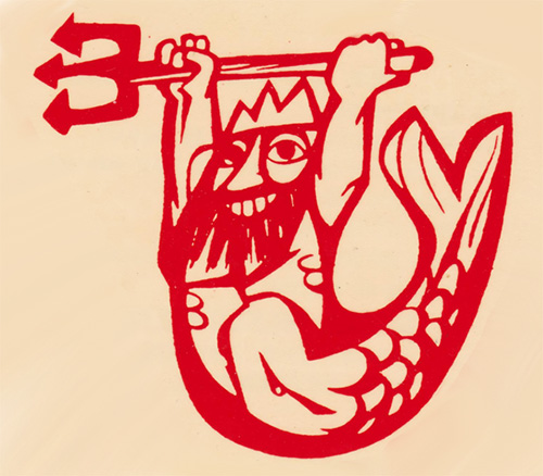 Wood cut print of a mythological figure with fish tail, crown and beard holding a trident